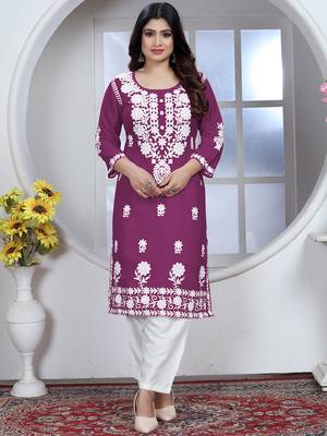 Wine rayon lucknowi chikankari mid-length straight kurta with white pant set 5