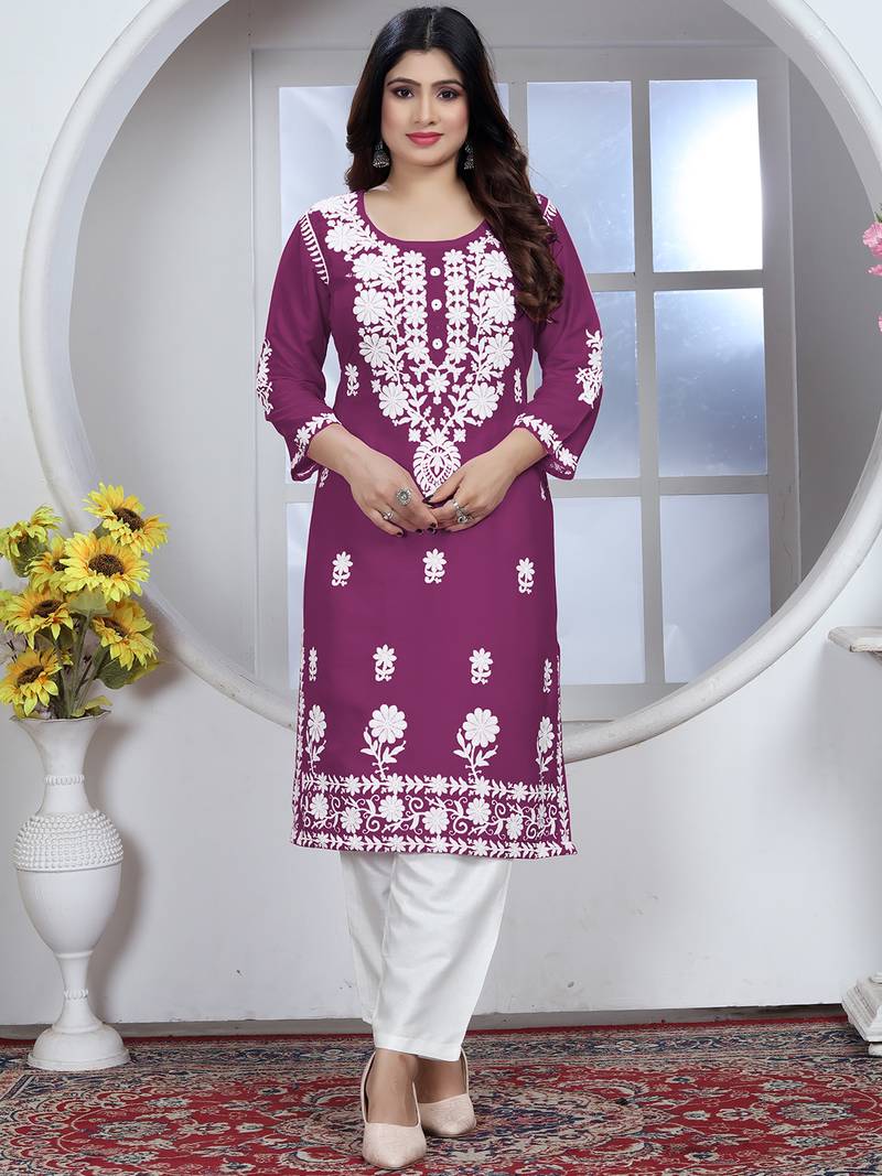 Wine rayon lucknowi chikankari mid-length straight kurta with white pant set