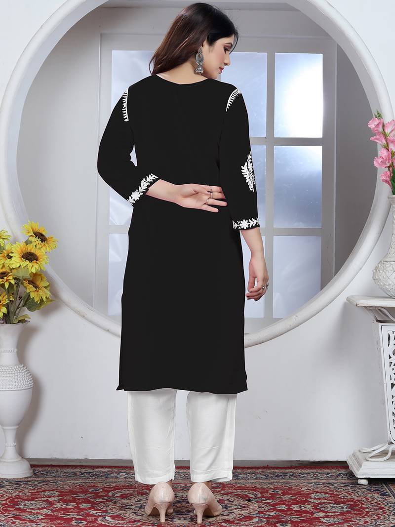 Black rayon lucknowi chikankari mid-length straight kurta with white pant set