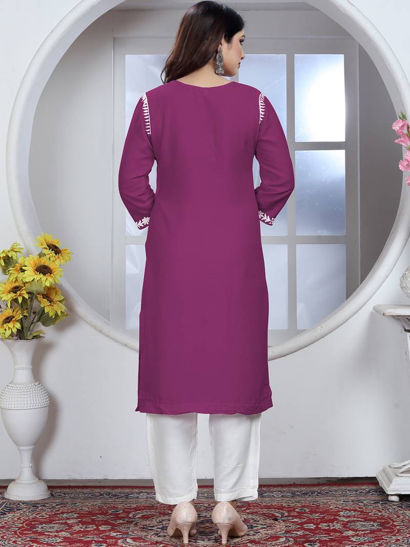 Wine rayon lucknowi chikankari mid-length straight kurta with white pant set