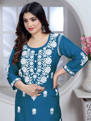 Teal rayon lucknowi chikankari mid-length straight kurta with white pant set 3