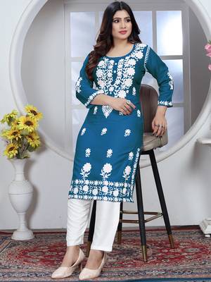 Teal rayon lucknowi chikankari mid-length straight kurta with white pant set 1