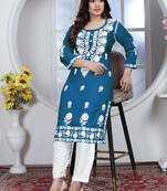 Teal rayon lucknowi chikankari mid-length straight kurta with white pant set