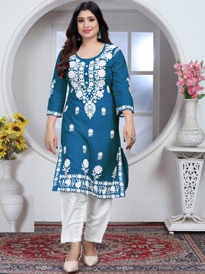 Teal rayon lucknowi chikankari mid-length straight kurta with white pant set 4