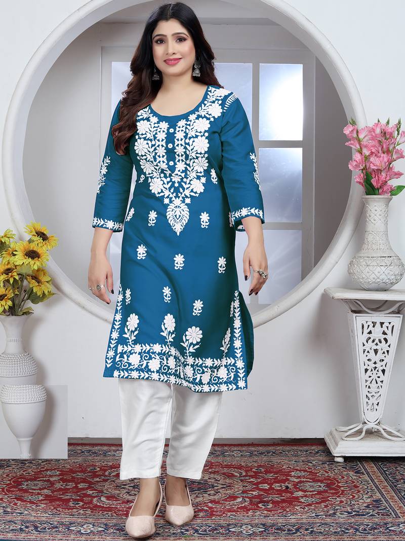 Teal rayon lucknowi chikankari mid-length straight kurta with white pant set