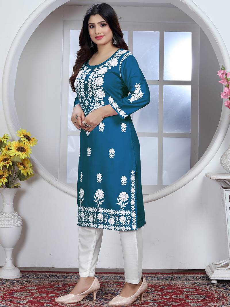 Teal rayon lucknowi chikankari mid-length straight kurta with white pant set