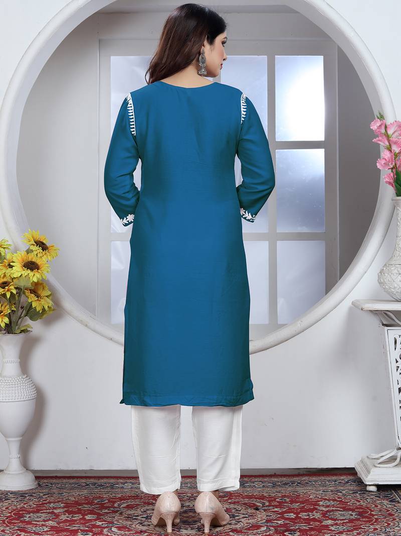 Teal rayon lucknowi chikankari mid-length straight kurta with white pant set