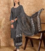 Black printed pure cotton straight kurti pant and dupatta set