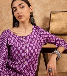 Purple printed pure cotton straight kurti pant and dupatta set