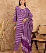 Purple printed pure cotton straight kurti pant and dupatta set