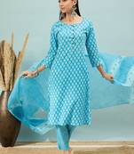Sky blue printed pure cotton straight kurti pant and dupatta set