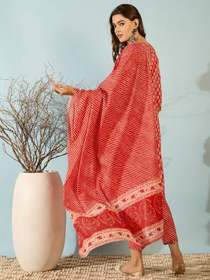 Red printed pure cotton straight kurti pant and dupatta set 2