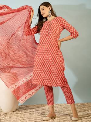 Red printed pure cotton straight kurti pant and dupatta set 3