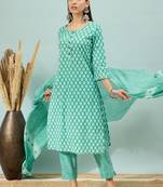 Rama green printed pure cotton straight kurti pant and dupatta set