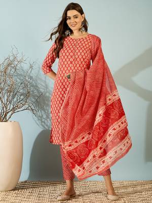 Red printed pure cotton straight kurti pant and dupatta set 1