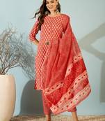 Red printed pure cotton straight kurti pant and dupatta set