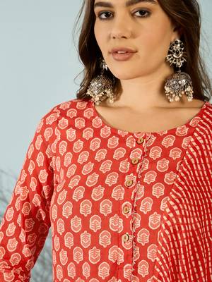 Red printed pure cotton straight kurti pant and dupatta set 5
