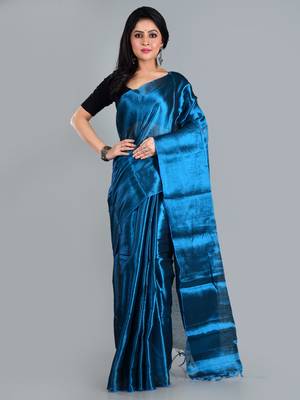 Aakar turquoise blue handloom tissue saree with unstitched blouse piece 1