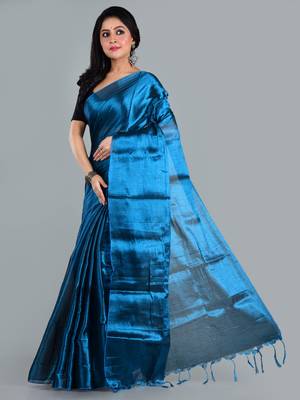 Aakar turquoise blue handloom tissue saree with unstitched blouse piece 2