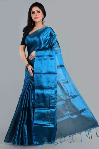 Aakar turquoise blue handloom tissue saree with unstitched blouse piece