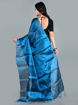 Aakar turquoise blue handloom tissue saree with unstitched blouse piece 3