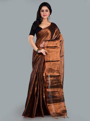 Aakar copper handloom tissue saree with unstitched blouse piece 1