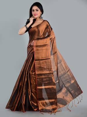 Aakar copper handloom tissue saree with unstitched blouse piece 2
