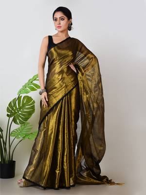 gold handloom tissue saree with unstitched blouse piece 1