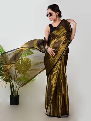 gold handloom tissue saree with unstitched blouse piece 3