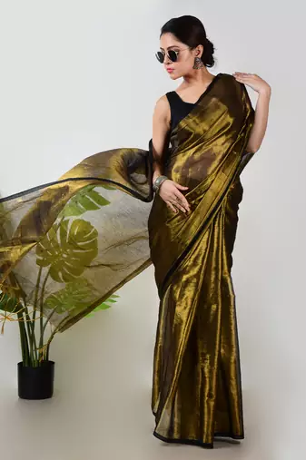 gold handloom tissue saree with unstitched blouse piece
