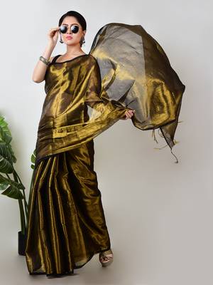 gold handloom tissue saree with unstitched blouse piece 4