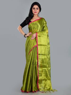 Aakar green handloom tissue saree with unstitched blouse piece 1