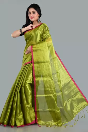 Aakar green handloom tissue saree with unstitched blouse piece