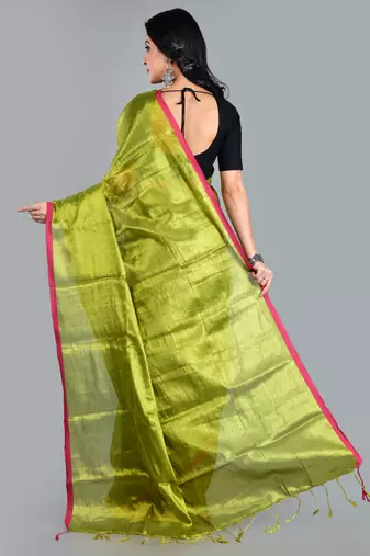 Aakar green handloom tissue saree with unstitched blouse piece