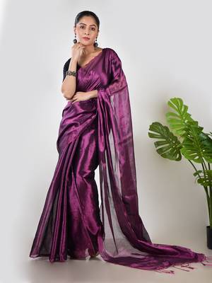 Aakar purple & pink handloom tissue saree with unstitched blouse piece 1