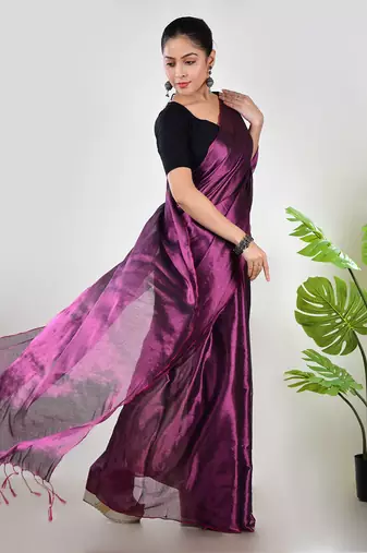 Aakar purple & pink handloom tissue saree with unstitched blouse piece