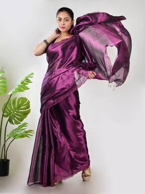 Aakar purple & pink handloom tissue saree with unstitched blouse piece 4