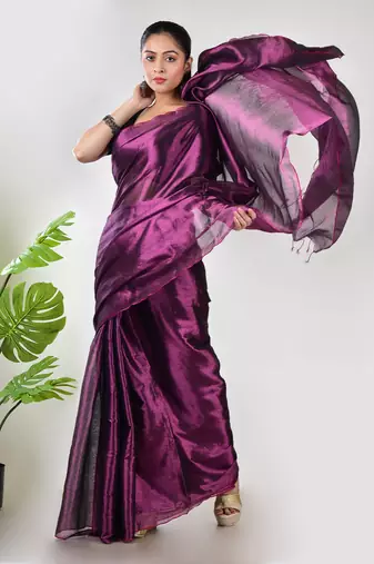 Aakar purple & pink handloom tissue saree with unstitched blouse piece