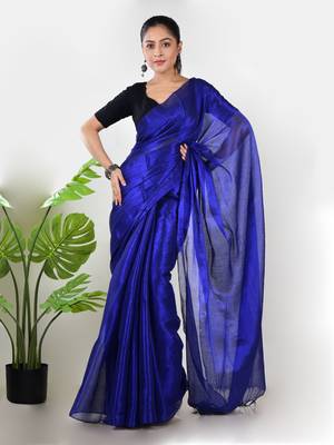 Aakar ink blue handloom tissue saree with unstitched blouse piece 1