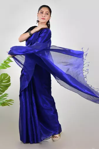 Aakar ink blue handloom tissue saree with unstitched blouse piece