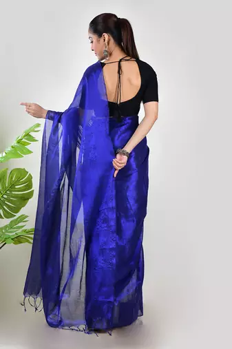 Aakar ink blue handloom tissue saree with unstitched blouse piece