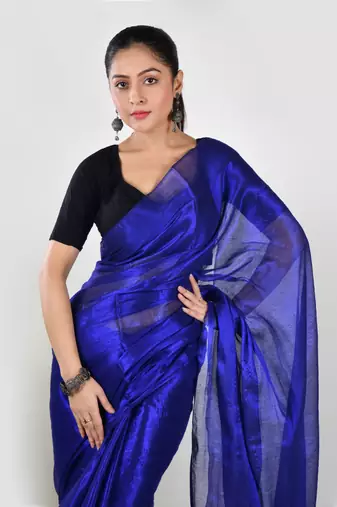 Aakar ink blue handloom tissue saree with unstitched blouse piece