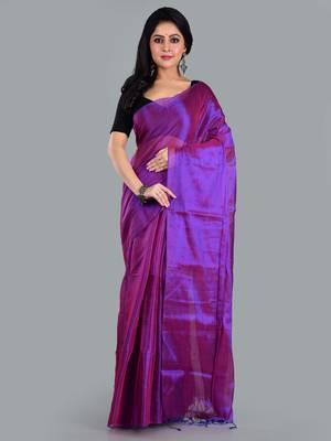 Aakar purple & blue handloom tissue saree with unstitched blouse piece 1