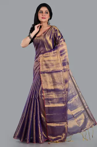 Aakar gold & blue handloom tissue saree with unstitched blouse piece