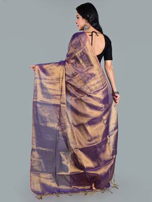 Aakar gold & blue handloom tissue saree with unstitched blouse piece 3