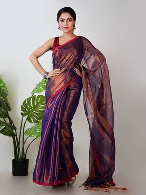copper & blue handloom tissue saree with unstitched blouse piece 1