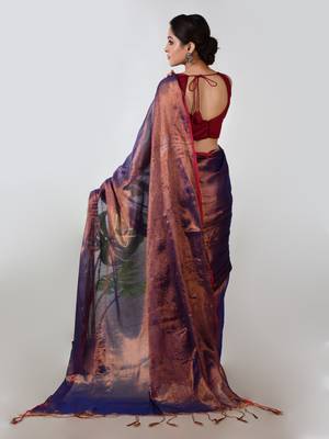 copper & blue handloom tissue saree with unstitched blouse piece 2