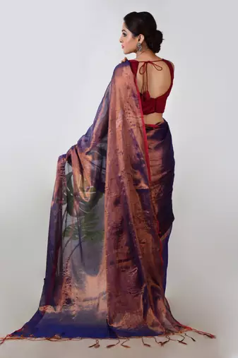 copper & blue handloom tissue saree with unstitched blouse piece