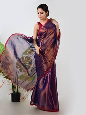copper & blue handloom tissue saree with unstitched blouse piece 3