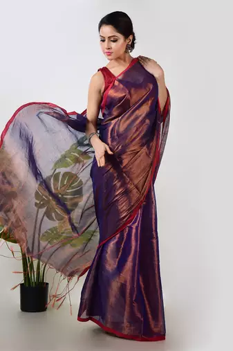 copper & blue handloom tissue saree with unstitched blouse piece